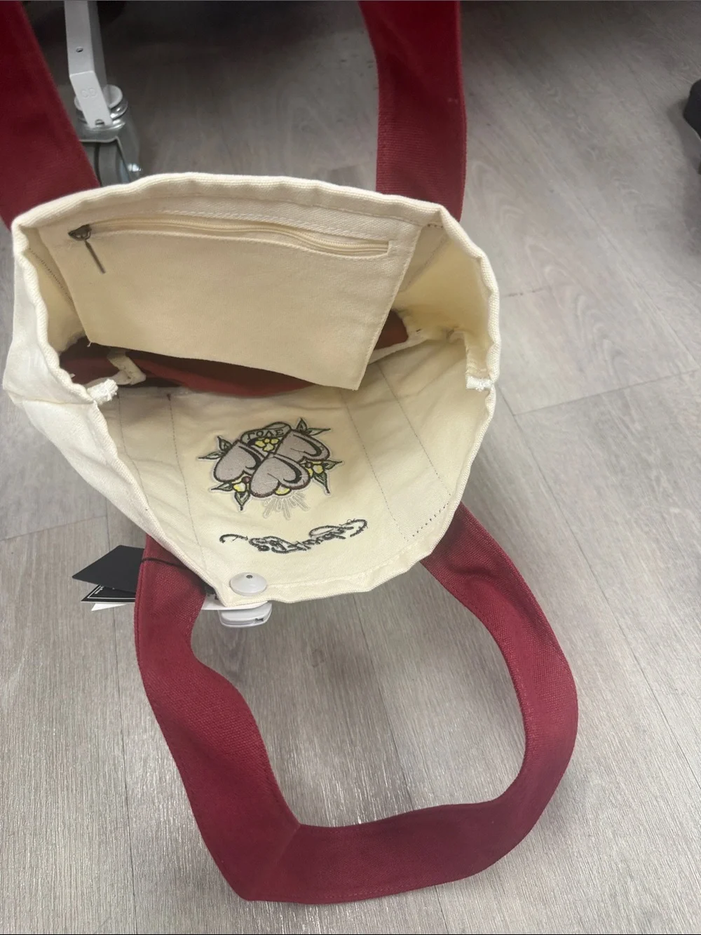 Ed Hardy Cream Tote with Burgundy Straps and Glitter Heart Motif